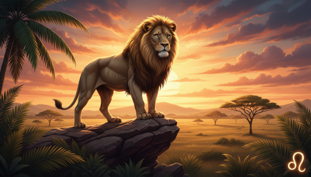 A majestic lion representing the zodiac sign Leo, poised regally on a rocky outcrop under a vibrant sunset sky, casting a warm golden light that highlights its powerful mane. In the foreground, the lion gazes confidently forward, showcasing its strength and pride, while soft silhouettes of tropical plants frame the scene. In the middle ground, the landscape transitions into a lush savanna that conveys warmth and vitality, dotted with distant acacia trees. The background features a mesmerizing sunset, with hues of orange, pink, and purple blending together, creating a passionate and dramatic atmosphere. The image conveys themes of loyalty, passion, and the challenges of pride, ensuring a captivating visual representation of Leo's nature.