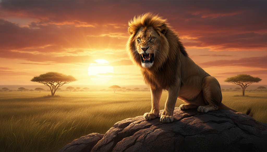 A majestic lion sitting on a rock, embodying pride, with a vibrant sunset in the background casting warm golden hues. The lion, depicted in striking detail, has a fierce expression, showcasing its mane blowing gently in the breeze, symbolizing regality and isolation. In the foreground, we see an expansive savannah with tall grass that sways softly, while a few scattered acacia trees are visible mid-ground, enhancing the serene yet powerful atmosphere. The lighting is soft and dramatic, mimicking a golden hour glow, highlighting the lion's features and creating long shadows. The overall mood is one of grandeur tinged with solitude, capturing the essence of ego and the loneliness that often accompanies it. A majestic lion sitting on a rock, embodying pride, with a vibrant sunset in the background casting warm golden hues. The lion, depicted in striking detail, has a fierce expression, showcasing its mane blowing gently in the breeze, symbolizing regality and isolation. In the foreground, we see an expansive savannah with tall grass that sways softly, while a few scattered acacia trees are visible mid-ground, enhancing the serene yet powerful atmosphere. The lighting is soft and dramatic, mimicking a golden hour glow, highlighting the lion's features and creating long shadows. The overall mood is one of grandeur tinged with solitude, capturing the essence of ego and the loneliness that often accompanies it.