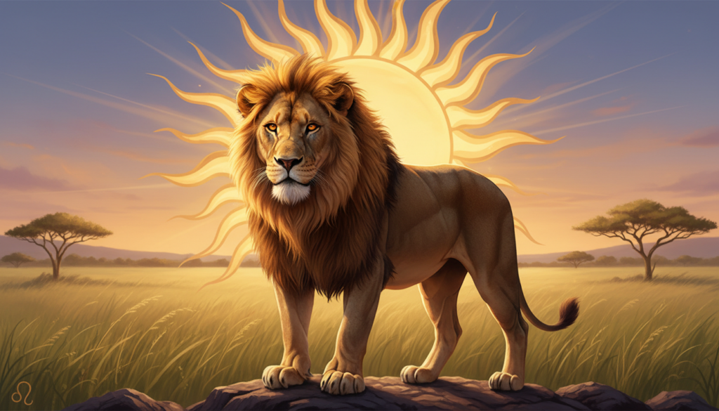 A majestic lion, symbolizing the zodiac sign Leo, stands proudly in the foreground, showcasing its powerful physique and vibrant golden mane that catches the light brilliantly. The lion's expressive eyes convey strength and charisma, reflecting both positive and negative traits. In the middle ground, a radiant sun casts warm, golden rays, echoing Leo's connection to the sun and its attributes of vitality and confidence. The background features a tranquil savanna landscape with gently swaying grasses, under a clear blue sky, promoting a sense of peace and reflection. The overall mood balances strength with serenity, illuminated by a soft sunset glow, giving the image a harmonious and uplifting atmosphere, perfect for illustrating the dual nature of Leo's characteristics.