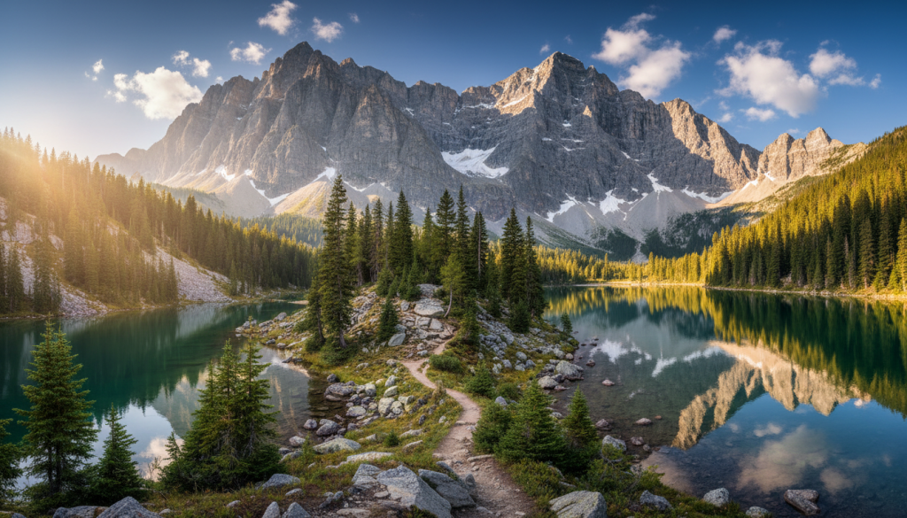 A majestic rocky mountain landscape, towering peaks adorned with patches of snow glistening in the sunlight. In the foreground, a tranquil lake reflects the grandeur of the mountains, surrounded by lush evergreen trees that thrive in the rocky soil. The middle ground features a winding hiking trail leading up towards the mountain base, inviting exploration. Bright, warm light filters through the trees, casting gentle shadows and creating a serene atmosphere. The sky is a clear blue, dotted with soft, fluffy clouds. The scene emanates a sense of stability and strength, encapsulating the grounded energy of Capricorn. Shot from a low angle to emphasize the height and majesty of the mountains, highlighting their rugged texture and beauty.