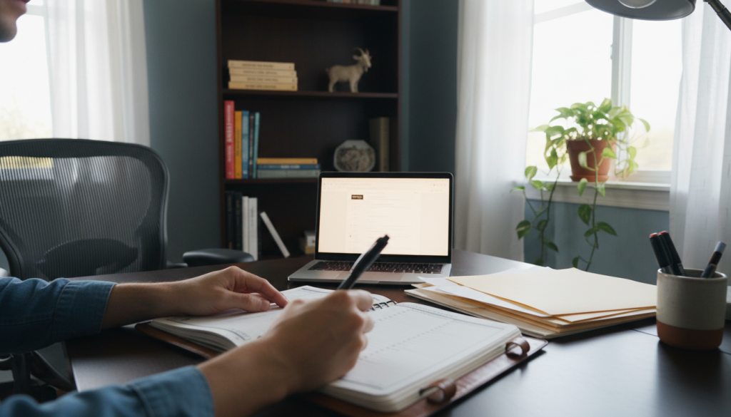 A meticulous Capricorn work desk organized with a planner, neatly stacked documents, and a laptop glowing softly in the warm light of a desk lamp. In the foreground, a pair of hands is writing in a planner, showcasing determination and focus. The middle ground features an elegant bookshelf filled with books on organization and goal-setting, symbolizing knowledge and ambition. In the background, a large window allows soft daylight to flood the room, illuminating a small indoor plant, representing growth and stability. The atmosphere is calm yet productive, conveying a sense of control and purpose. Use natural lighting and a slightly elevated angle to capture all elements harmoniously, ensuring a professional, motivating ambiance.