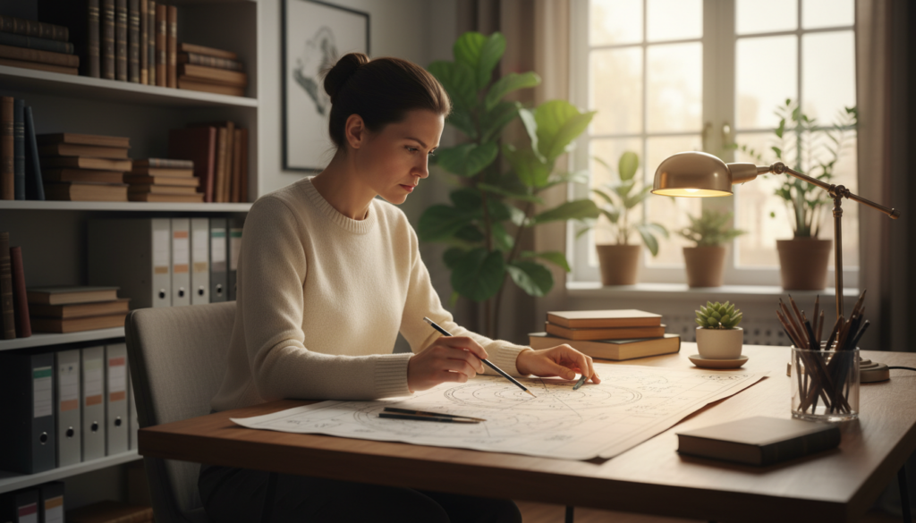 A meticulous Virgo figure sitting at a cluttered desk, surrounded by neatly arranged books and a pristine workspace. The character, dressed in smart casual attire, is deeply focused, analyzing a detailed chart with a pencil in hand, embodying perfectionism and over-analysis. In the background, a soft, warm light streams through a window, creating a serene atmosphere, with subtle plants and organizational tools meticulously arranged around, symbolizing order. The image captures an introspective mood, highlighting the character's intense concentration and analytical nature. Use a shallow depth of field to emphasize the foreground and maintain a crisp focus on the Virgo figure, while keeping the background softly blurred. Aim for a cozy, inviting aesthetic that resonates with the theme of high standards and attention to detail.