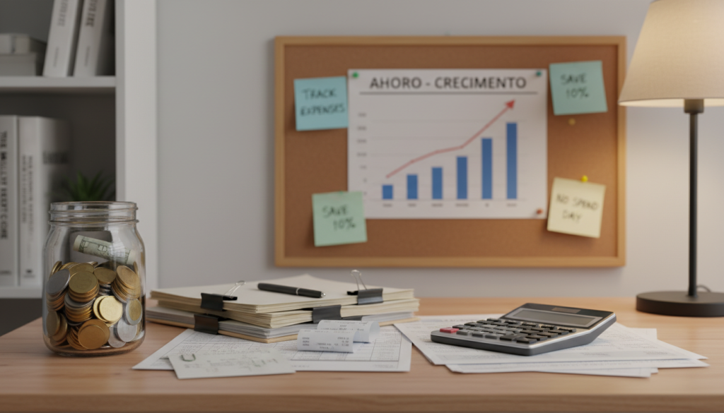A meticulously organized workspace symbolizes the concept of "ahorro." In the foreground, a stylish wooden desk holds a sleek, modern calculator and a stack of neatly arranged financial documents, exuding a sense of order and precision. A glass jar filled with coins is prominently displayed, suggesting savings and fiscal mindfulness. In the middle ground, a chart depicting growing savings trends is pinned to a corkboard, surrounded by colorful sticky notes with budgeting tips. The background features a soft-focus bookshelf with personal finance books, warm lighting casting a cozy atmosphere. The scene evokes determination and practicality, emphasizing the importance of careful financial management, with a neutral color palette to create a calming effect. The camera angle is slightly tilted down, highlighting the desk's contents while maintaining an inviting depth.
