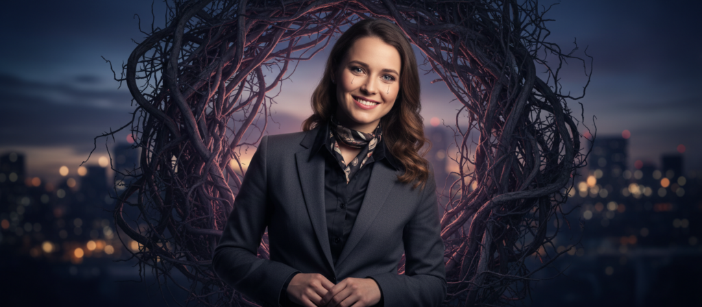 A mysterious and intriguing portrait exploring the darker aspects of a Gemini in love. In the foreground, a figure with dual expressions, one portraying warmth and charm, the other displaying sadness and conflict, is dressed in elegant, professional attire. The middle ground features an abstract representation of tangled vines and shadows, symbolizing emotional complexity and interpersonal struggles. In the background, a softly blurred cityscape at twilight adds depth, with dim streetlights casting a gentle glow, creating an overall intimate atmosphere. Use soft, dramatic lighting to enhance the contrasts between light and dark, reflecting the duality of the Gemini personality. The angle should be slightly tilted to evoke a sense of unease and tension, inviting the viewer into the emotional turmoil within.