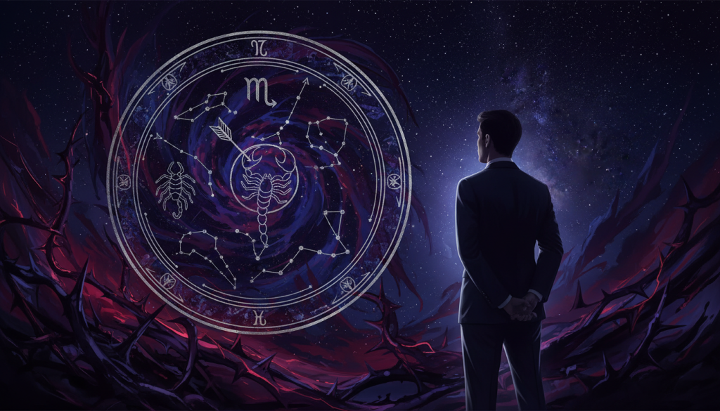 A mystical and atmospheric interpretation of Scorpio traits, featuring a close-up of a beautifully designed zodiac illustration displaying Scorpio symbols and constellations, in a rich dark color palette with deep purples and blacks. In the foreground, incorporate a silhouette of a person in professional attire, gazing thoughtfully at the Scorpio symbols. The middle layer should feature abstract shapes or patterns that evoke strength and intensity, representing Scorpio's passionate nature. In the background, a serene night sky filled with twinkling stars enhances the mood, with soft, diffused lighting creating an enchanting glow. Capture a sense of depth and mystery, aiming for a dramatic yet elegant composition that visually embodies the essence of Scorpio's personality traits.