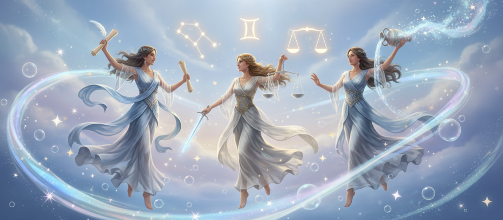 A mystical and celestial representation of the air signs of the zodiac, namely Gemini, Libra, and Aquarius, against a soft, ethereal background of light blues and wispy clouds. In the foreground, three symbolic figures embodying the characteristics of each sign are dressed in elegant, flowing attire, reflecting their airy nature. They engage playfully with one another in a harmonious dance, surrounded by shimmering stars and abstract representations of wind currents. The middle ground features delicate constellations that glow softly, illuminating their faces with a warm light. The atmosphere is uplifting and whimsical, suggesting a sense of unity and connection. Use a soft focus lens to create a dreamlike quality while maintaining clarity on the figures. The lighting should be gentle and diffused to enhance the magical, airy feel of the image. A mystical and celestial representation of the air signs of the zodiac, namely Gemini, Libra, and Aquarius, against a soft, ethereal background of light blues and wispy clouds. In the foreground, three symbolic figures embodying the characteristics of each sign are dressed in elegant, flowing attire, reflecting their airy nature. They engage playfully with one another in a harmonious dance, surrounded by shimmering stars and abstract representations of wind currents. The middle ground features delicate constellations that glow softly, illuminating their faces with a warm light. The atmosphere is uplifting and whimsical, suggesting a sense of unity and connection. Use a soft focus lens to create a dreamlike quality while maintaining clarity on the figures. The lighting should be gentle and diffused to enhance the magical, airy feel of the image.