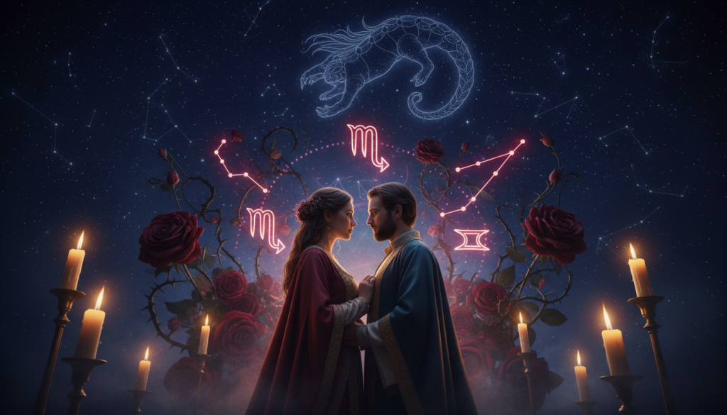 A mystical and intense scene representing the deep emotional connection of Scorpio. In the foreground, a couple dressed in elegant, modest attire, standing close together, gazing into each other's eyes with profound intensity. Their expressions reflect trust and understanding, illuminated by soft, warm candlelight. In the middle ground, symbolic elements like intertwined Scorpio constellations and dark roses emerge, representing passion and complexity. The background features a starry night sky, deep indigo and violet hues, hinting at the mysterious nature of Scorpio. The overall atmosphere is intimate and intense, evoking feelings of connection and emotional depth, captured with a low-angle perspective to enhance the couple’s bond and the celestial backdrop.