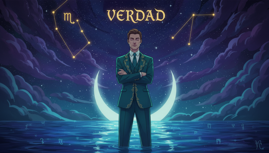 A mystical, deep-toned illustration representing "verdad" in the context of Scorpio's emotional communication. In the foreground, a poised figure in professional attire, with a solemn expression, stands confidently, embodying truth and power. The middle layer features a shimmering representation of water, symbolizing silence and depth, reflecting the figure's quiet intensity. In the background, a cosmic night sky, filled with stars and a subtle representation of Scorpio's constellation, creates an atmosphere of mystery and introspection. The lighting is soft yet dramatic, casting gentle shadows that enhance the emotional weight of the scene. The overall mood is contemplative and powerful, inviting viewers to explore the depths of unspoken truths and emotional landscapes.