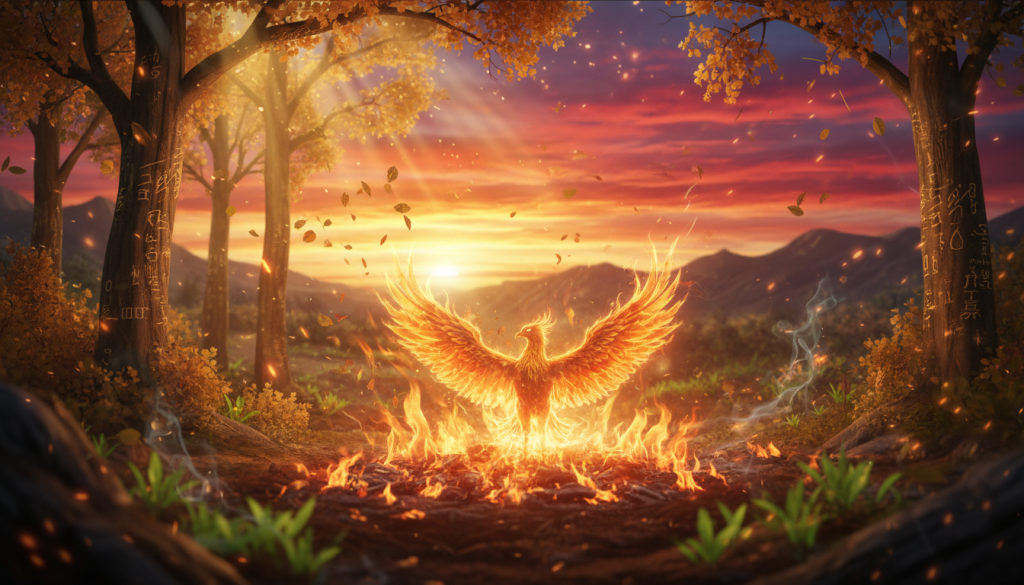 A mystical landscape representing transformation and rebirth, showcasing a phoenix rising from the ashes in the foreground, surrounded by vibrant flames and a glowing aura. In the middle ground, a serene forest bathed in golden sunlight symbolizes new beginnings, with trees shedding leaves. The background features a dramatic sunset, merging deep crimson and indigo hues, evoking a sense of transition and deep emotional awareness. The atmosphere is charged with energy and reflection, embodying the essence of crisis and metamorphosis. The scene is captured with a soft focus lens, emphasizing warm lighting to create an inviting yet profound mood.