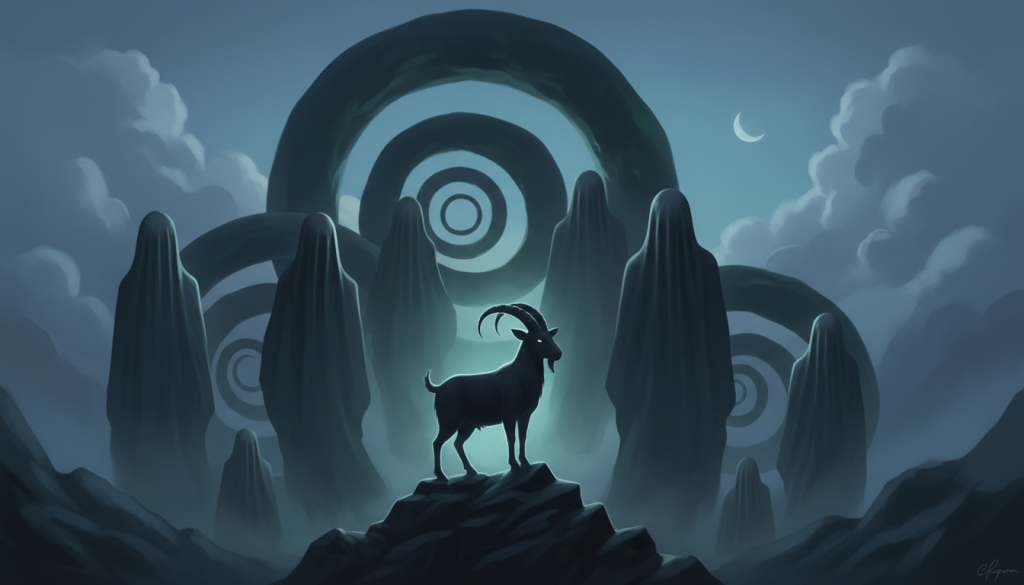 A mystical representation of Capricorn energy depicted through shadowy figures embodying strength and resilience. In the foreground, a silhouette of a Capricorn goat stands proudly on a rocky cliff, bathed in soft, ethereal light. In the middle ground, swirling shadows symbolize the complex energies surrounding the Capricorn, intertwining with muted hues of deep blues and greens, suggesting depth and balance. The background features a twilight sky filled with gentle clouds and a crescent moon, casting a serene glow. The overall atmosphere conveys a sense of mystery and introspection, with a focus on harmony and equilibrium. The lighting is soft and diffused, enhancing the dreamlike quality of the scene.