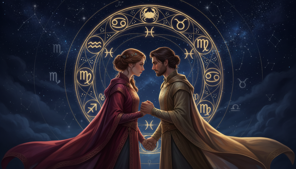 A mystical representation of Scorpio compatibility with zodiac signs, capturing the essence of passion and intimate connections. In the foreground, two elegantly dressed individuals, one with deep red hues symbolizing Scorpio energy and the other in softer earth tones representing their compatible partner, are engaged in a deep gaze that conveys emotion and understanding. In the middle ground, various zodiac symbols subtly intertwine, glowing softly to create a harmonious energy among them. The background features a starry night sky, enhancing the celestial theme, with astrological signs subtly visible among the constellations. The lighting is warm and inviting, illuminating the figures and symbols with a gentle glow, evoking a sense of intimacy and mystery. The overall mood is romantic and enchanting, perfectly illustrating the theme of sexual compatibility and connection.