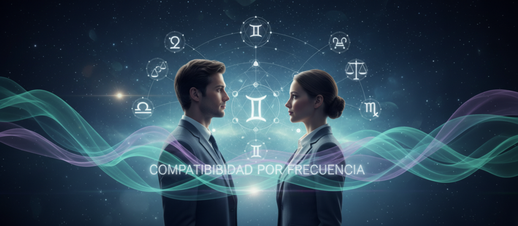 A mystical representation of "compatibilidad por frecuencia," showcasing two intertwined figures, embodying Gemini traits—intellectual curiosity and adaptability. In the foreground, depict the figures in professional business attire, gazing towards each other with a spark of connection, surrounded by ethereal waves of color—blues, greens, and soft purples—symbolizing emotional and intellectual compatibility. In the middle ground, incorporate abstract symbols like zodiac signs and intertwining geometric shapes, illustrating the kármicas connections in relationships. The background should feature a starry night sky, conveying a sense of destiny and cosmic alignment. Soft, ambient lighting enhances the dreamlike atmosphere, while a slight lens flare adds a touch of magic to the scene, inviting viewers into a world of harmonious connections and love.