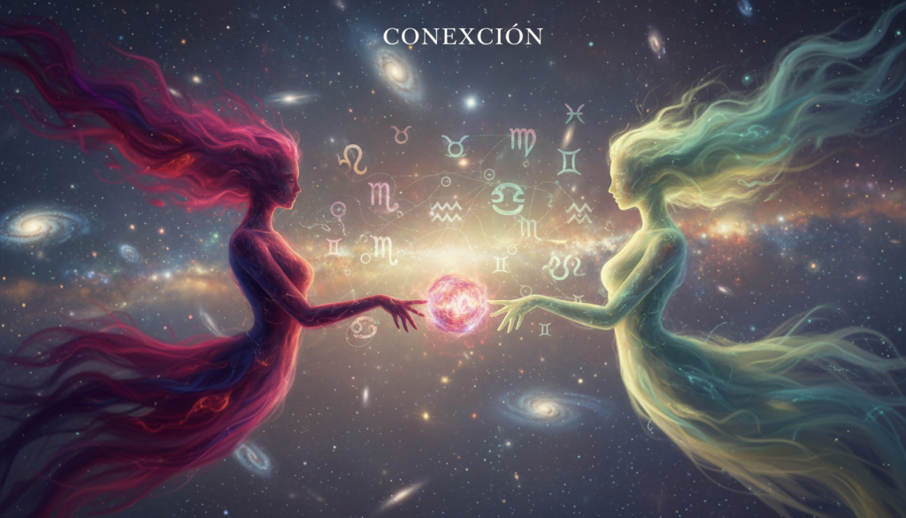 A mystical representation of "conexión" featuring two abstract figures, one embodying Scorpio's intensity with deep, passionate colors like crimson and dark blue, and the other representing a challenging sign, using lighter hues like pale yellow and soft green. In the foreground, their hands almost touch, emanating a glowing energy that symbolizes the tension and connection between them. The middle ground shows fragmented zodiac symbols intertwining around their figures, creating an ethereal web of energy. The background is a blurred cosmic scene filled with starry patterns and swirling galaxies, suggesting the contrast and struggle of their union. Soft, atmospheric lighting bathes the scene, casting shadows that evoke a moody, contemplative feeling, hinting at the complexities of their relationship.