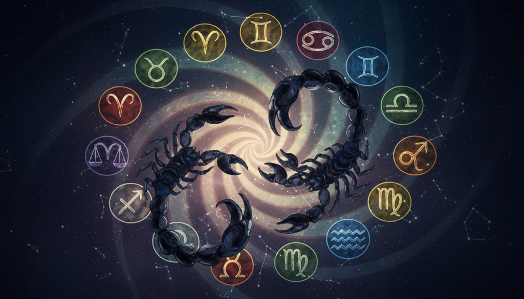 A mystical representation of the twelve zodiac signs, each symbol elegantly intertwined in a celestial dance. In the foreground, intricate designs of Scorpio, encapsulated with bold scorpions and deep, dark colors to reflect their hidden fears. The middle ground features the other zodiac symbols, subtly highlighted, each with their unique colors and attributes, representing the spectrum of human emotions and fears. The background is a starry night sky, shimmering with ethereal constellations, casting a soothing glow over the scene. Soft, ambient lighting enhances the mystical atmosphere, creating a sense of intrigue and depth. Capture this with a slight aerial angle to emphasize the connection between the signs, evoking a feeling of exploration and understanding of deeper astrological themes. A mystical representation of the twelve zodiac signs, each symbol elegantly intertwined in a celestial dance. In the foreground, intricate designs of Scorpio, encapsulated with bold scorpions and deep, dark colors to reflect their hidden fears. The middle ground features the other zodiac symbols, subtly highlighted, each with their unique colors and attributes, representing the spectrum of human emotions and fears. The background is a starry night sky, shimmering with ethereal constellations, casting a soothing glow over the scene. Soft, ambient lighting enhances the mystical atmosphere, creating a sense of intrigue and depth. Capture this with a slight aerial angle to emphasize the connection between the signs, evoking a feeling of exploration and understanding of deeper astrological themes.