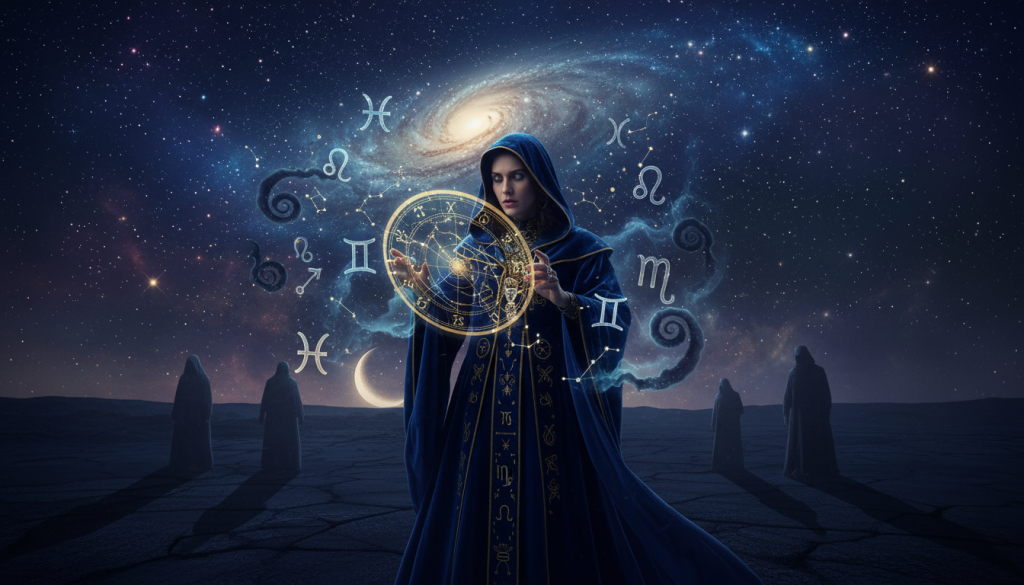 A mystical scene depicting astrology and betrayal, featuring a cosmic backdrop filled with twinkling stars and a swirling galaxy. In the foreground, an elegantly dressed individual with an air of intrigue gazes at a celestial map, their expression thoughtful yet wary. They are surrounded by floating astrological symbols, subtly blending with shadowy silhouettes that hint at deceit. The middle ground includes a darkened, moonlit landscape, where faint outlines of figures appear, symbolizing betrayal. The lighting is ethereal, with a soft glow highlighting the astrological elements, creating a mysterious atmosphere. The angle should capture both the individual’s contemplative pose and the cosmic setting, evoking a sense of secrets and the complexities of loyalty tied to astrological signs. A mystical scene depicting astrology and betrayal, featuring a cosmic backdrop filled with twinkling stars and a swirling galaxy. In the foreground, an elegantly dressed individual with an air of intrigue gazes at a celestial map, their expression thoughtful yet wary. They are surrounded by floating astrological symbols, subtly blending with shadowy silhouettes that hint at deceit. The middle ground includes a darkened, moonlit landscape, where faint outlines of figures appear, symbolizing betrayal. The lighting is ethereal, with a soft glow highlighting the astrological elements, creating a mysterious atmosphere. The angle should capture both the individual’s contemplative pose and the cosmic setting, evoking a sense of secrets and the complexities of loyalty tied to astrological signs.