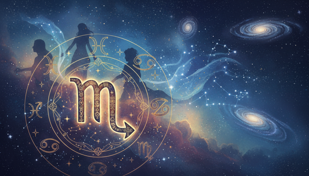 A mystical scene depicting the astrological sign Scorpio at the center, surrounded by ethereal representations of its karmic compatibility with other zodiac signs. In the foreground, a beautifully illustrated Scorpio symbol, adorned with intricate celestial patterns and glowing accents, exudes a sense of mystery and depth. In the middle ground, silhouettes of compatible signs like Pisces and Cancer can be seen, their forms subtly intertwined with shimmering constellations, suggesting connections and destinies intertwined. The background features a starry night sky with soft nebulae and swirling galaxies, creating an enchanting atmosphere. The lighting is soft and atmospheric, with a gentle glow emanating from the Scorpio symbol, framed at a slight angle to provide depth. The overall mood is mystical and contemplative, inviting the viewer to explore the cosmic connections of Scorpio.