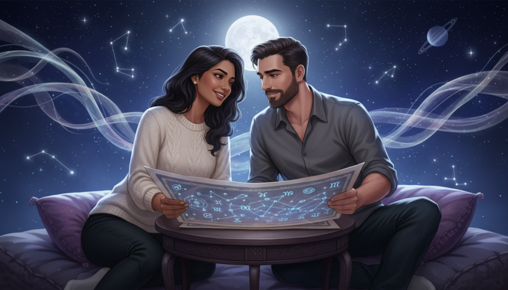 A mystical scene illustrating the concept of karmic partners in astrology. In the foreground, a diverse couple of professional-looking individuals in modest casual clothing, gazing thoughtfully at a celestial chart illuminated by soft, ambient light. Their expressions reflect connection and deep understanding. In the middle ground, the celestial chart depicts astrological symbols and planetary alignments, subtly glowing against a starry night background. The background is filled with ethereal wisps of light, representing the cosmic connections of karmic relationships, with twinkling stars enhancing the celestial atmosphere. The overall mood is introspective and enchanting, suggesting the depth of astrological connections. The scene is bathed in gentle moonlight, creating an inviting and tranquil ambiance.