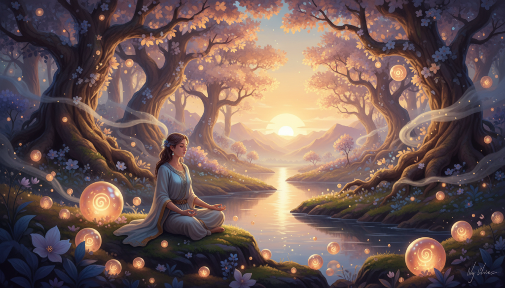 A mystical scene representing "past lives" in an ethereal forest. In the foreground, a serene figure dressed in modest, flowing garments sits cross-legged, meditating, with soft, glowing orbs of light surrounding them, symbolizing past energies and karmic lessons. In the middle ground, ancient trees with gnarled roots and luminous flowers represent the cycles of life and spiritual growth, while wisps of mist subtly weave through the foliage. The background features a tranquil river, reflecting the soft, golden light of a setting sun, casting a warm, calming atmosphere. The scene conveys a sense of peace and introspection, inviting the viewer to contemplate their own spiritual journey and the healing of past traumas.