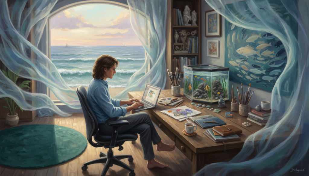 A painterly scene depicting a professional workspace influenced by the Piscean personality traits. In the foreground, a dedicated individual in smart casual attire, deeply focused on a laptop, surrounded by soft, flowing fabrics resembling ocean waves. The middle section features an organized desk adorned with creative tools like art supplies, journals, and a small aquarium, symbolizing their creativity and adaptability. In the background, a calming ambiance with warm, natural light pouring through a large window, casting gentle shadows, and an inspiring ocean view. The atmosphere is serene yet productive, reflecting Pisces’ intuitive, empathetic nature in the workplace. Capture a harmonious blend of creativity and professionalism, emphasizing the tranquil yet vibrant essence of a Piscean at work.