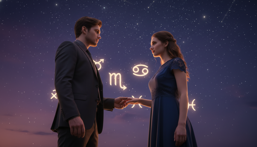 A pair of zodiacal twins symbolizing "almas gemelas," each representing Scorpio traits, stand amidst a serene night sky filled with shimmering stars and mystical constellations. In the foreground, they are depicted in professional business attire—one in a tailored dark suit and the other in a stylish yet modest dress—facing each other with an intense gaze, showcasing a deep connection. The middle layer features softly glowing astrological symbols: Scorpio and complementary signs, softly illuminating their faces. In the background, a subtle gradient of deep purple and navy blue enhances the enigmatic atmosphere, with twinkling stars scattered throughout. The mood is romantic yet mysterious, captured from a slight low angle to evoke a sense of depth and intimacy in their connection. Soft lighting adds warmth to their expressions, inviting viewers into the enchanting world of zodiac soulmates.