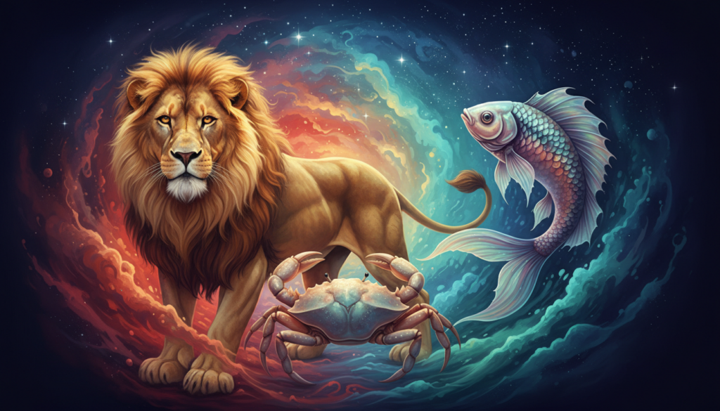 A passionate and intimate scene depicting the zodiac signs of Leo, Cancer, and Pisces, symbolically interwoven. In the foreground, a powerful lion with golden mane representing Leo, exuding confidence and strength. Beside him, a gentle crab symbolizing Cancer, with soft shell hues, portraying vulnerability and nurturing energy. Flowing beside them, a graceful fish representing Pisces, demonstrated with delicate fins and shimmering scales, embodying emotional depth. In the middle ground, a dynamic interplay of warm and cool colors illustrates the chemistry among the signs, with vivid reds and oranges blended with calming blues and greens. Ethereal light filters through a dreamy, starry night sky above, casting a mystical glow on the scene, enhancing an atmosphere of connection, harmony, and emotional richness. The overall mood is romantic and harmonious, emphasizing the unique compatibility between these signs.