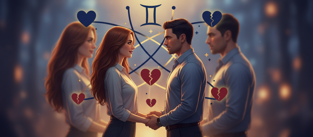 A poignant scene depicting the intensity of relationships under the zodiac sign Gemini. In the foreground, a couple stands facing each other, both dressed in stylish yet professional attire, with expressions of deep connection and tension. The woman has flowing hair and an enigmatic smile, while the man gazes intently, reflective yet emotive. In the middle background, abstract representations of the Gemini constellation interweave with subtle heart motifs, symbolizing attraction and conflict. Soft, warm lighting bathes the scene, creating an intimate atmosphere that evokes passion and complexity. The background fades softly into a dream-like haze, enhancing the sense of emotional depth and alignment with the theme of intense relationships that attract yet ultimately disrupt each other.