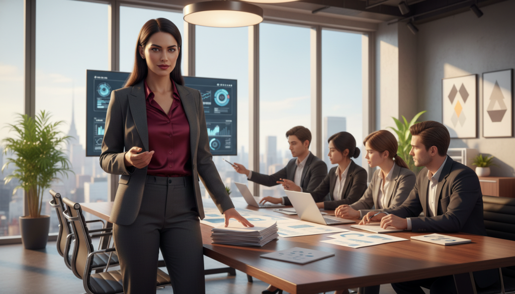A powerful Scorpio character in a modern office environment, showcasing their professional strengths. In the foreground, focus on a confident individual dressed in smart business attire, engaged in a strategic discussion with colleagues. Their intense expression conveys determination and passion. In the middle ground, diverse colleagues collaborate around a large conference table, analyzing documents and data on digital devices, highlighting teamwork and focus. The background features a contemporary office with large windows allowing natural light to flood in, creating an uplifting atmosphere. Use warm lighting to enhance the motivational feel of the image, captured from a slightly elevated angle to showcase the dynamic interactions among the team. The overall mood should be one of ambition, collaboration, and purpose, reflecting the strengths and values of Scorpio in the workplace. A powerful Scorpio character in a modern office environment, showcasing their professional strengths. In the foreground, focus on a confident individual dressed in smart business attire, engaged in a strategic discussion with colleagues. Their intense expression conveys determination and passion. In the middle ground, diverse colleagues collaborate around a large conference table, analyzing documents and data on digital devices, highlighting teamwork and focus. The background features a contemporary office with large windows allowing natural light to flood in, creating an uplifting atmosphere. Use warm lighting to enhance the motivational feel of the image, captured from a slightly elevated angle to showcase the dynamic interactions among the team. The overall mood should be one of ambition, collaboration, and purpose, reflecting the strengths and values of Scorpio in the workplace.