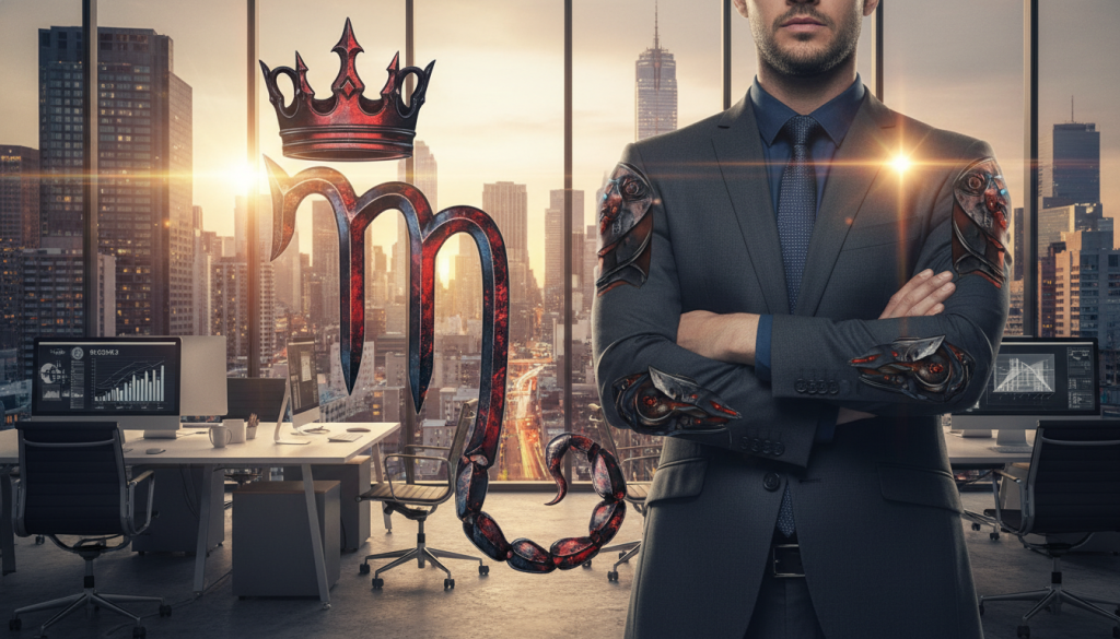 A powerful Scorpio symbol, depicting a stylized scorpion intertwined with elements of leadership and professionalism. In the foreground, a confident leader in a tailored business suit stands with arms crossed, exuding authority and focus, their expression deep and introspective. In the middle ground, a modern office setting is visible, highlighting sleek desks and collaborative spaces, infused with warm lighting that creates a productive atmosphere. In the background, large windows reveal a bustling city skyline, hinting at ambition and growth. The overall mood is one of determination and intensity, reflecting the strength and challenges associated with Scorpio leadership qualities. Soft lens flares add a touch of dynamism to the image, emphasizing the transformative nature of Scorpio's influence in the workplace. A powerful Scorpio symbol, depicting a stylized scorpion intertwined with elements of leadership and professionalism. In the foreground, a confident leader in a tailored business suit stands with arms crossed, exuding authority and focus, their expression deep and introspective. In the middle ground, a modern office setting is visible, highlighting sleek desks and collaborative spaces, infused with warm lighting that creates a productive atmosphere. In the background, large windows reveal a bustling city skyline, hinting at ambition and growth. The overall mood is one of determination and intensity, reflecting the strength and challenges associated with Scorpio leadership qualities. Soft lens flares add a touch of dynamism to the image, emphasizing the transformative nature of Scorpio's influence in the workplace.