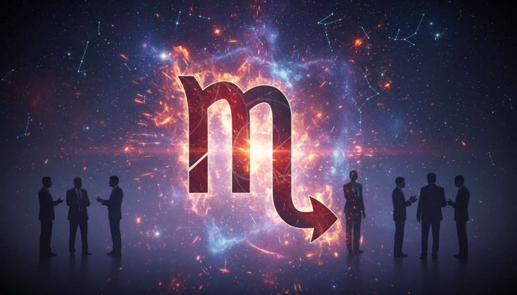 A powerful Scorpio symbol, intricately designed with deep reds and blacks, representing intensity and transformation, prominently in the foreground. Surrounded by swirling cosmic energies, with vibrant flames and bursts of light illuminating the scene, symbolizing spiritual learning and karmic lessons. In the middle ground, shadowy silhouettes of individuals in professional attire are engaged in deep discussion, representing collaboration and transformation through shared experiences. The background features a mystical night sky filled with stars and celestial bodies, creating a sense of depth and connection to the universe. Use soft yet dramatic lighting to enhance the mood, with a slight vignette effect to focus attention on the central symbol, evoking feelings of power and introspection.