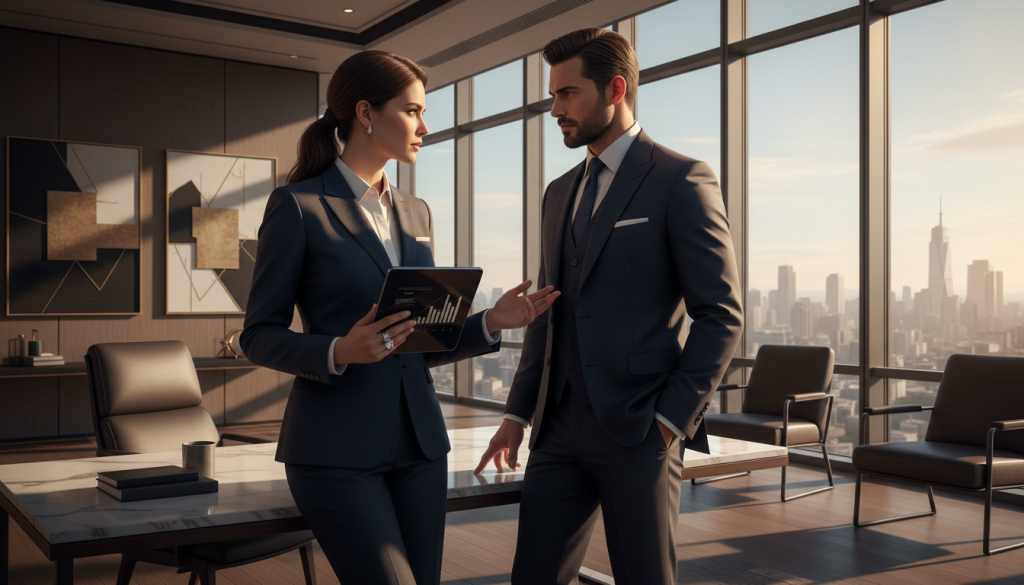 A powerful couple stands in a modern office setting, embodying a commanding presence. In the foreground, a man and woman, both dressed in tailored business attire, share a moment of intense eye contact, symbolizing dominance and influence in their relationship. The woman holds a sleek tablet, representing materialism and control, while the man gestures toward a cityscape view through large floor-to-ceiling windows in the background. The scene captures a late afternoon ambiance, with warm golden light filtering through, creating dramatic shadows and enhancing the mood of ambition and tension. Subtle luxury elements, like a marble desk and abstract art, evoke status and power dynamics. The overall atmosphere is intense yet sophisticated, reflecting the complexities of love intertwined with dominance and material needs.