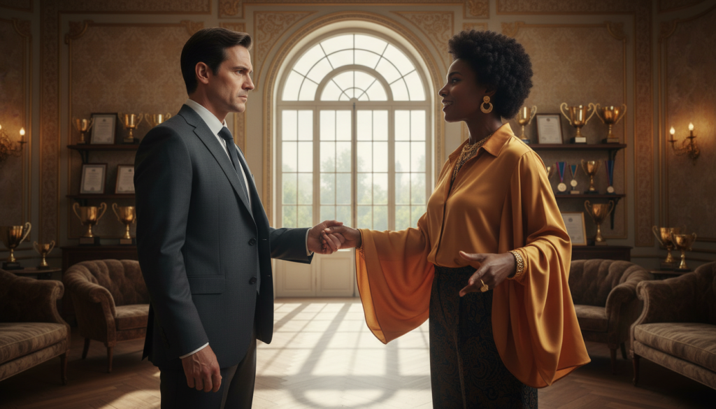 A powerful scene depicting the contrasting energies of Capricorn and Leo in a harmonious yet intense discussion. In the foreground, two figures stand face-to-face: a Capricorn individual dressed in a sharp, professional business suit, exuding a sense of rigor and focus, while a Leo person, adorned in a vibrant, stylish outfit, radiates confidence and warmth. Their expressions reflect passion and determination, illuminating the debate surrounding commitment. The middle ground features a richly decorated room with golden accents symbolizing warmth, and a large window allowing soft, natural light to pour in, casting dynamic shadows. In the background, gleaming trophies and framed achievements accentuate the themes of ambition and success. The mood is one of passionate engagement, reflecting both challenge and mutual respect in their discourse.