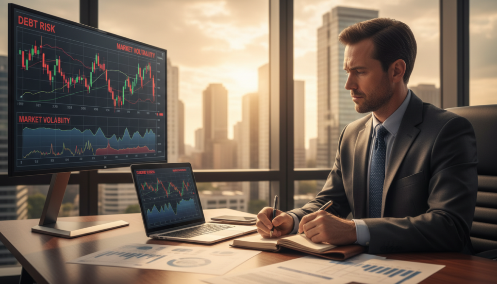 A professional financial advisor in a modern office setting, looking thoughtfully at a chart displaying financial risks, such as fluctuating stock values and debt warnings. In the foreground, the advisor, dressed in a smart suit, is writing notes on a notepad, conveying a sense of caution and analysis. The middle ground includes a sleek desk with a laptop open, featuring fluctuating graphs on the screen, and a few financial reports scattered about. The background shows a large window revealing a city skyline, bathed in warm afternoon light, creating an atmosphere of both hope and anxiety regarding financial decisions. The image should evoke a serious yet approachable mood, emphasizing the importance of managing financial risks. A professional financial advisor in a modern office setting, looking thoughtfully at a chart displaying financial risks, such as fluctuating stock values and debt warnings. In the foreground, the advisor, dressed in a smart suit, is writing notes on a notepad, conveying a sense of caution and analysis. The middle ground includes a sleek desk with a laptop open, featuring fluctuating graphs on the screen, and a few financial reports scattered about. The background shows a large window revealing a city skyline, bathed in warm afternoon light, creating an atmosphere of both hope and anxiety regarding financial decisions. The image should evoke a serious yet approachable mood, emphasizing the importance of managing financial risks.