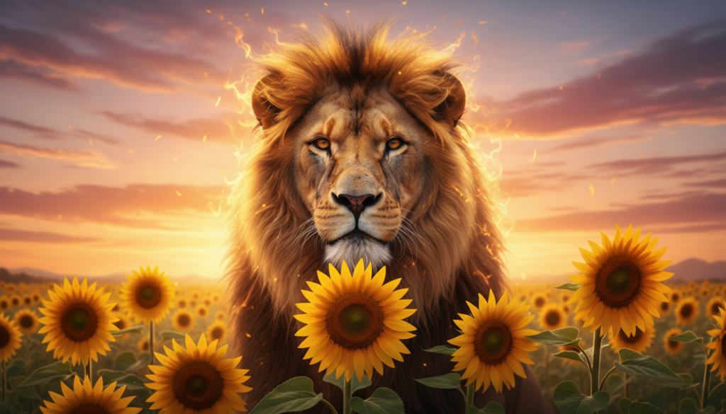 A radiant scene embodying "energía leonina," featuring a majestic lion as the focal point, symbolizing courage and vitality. In the foreground, the lion's powerful visage exudes confidence, surrounded by a warm golden glow that represents Leo's fiery spirit. In the middle ground, vibrant sunflowers sway gently, symbolizing warmth and joy, while the background features a sunset sky painted in hues of orange and pink, enhancing the atmosphere of energy and enthusiasm. The lighting is soft yet illuminating, casting slight shadows to create depth. The angle is slightly low, emphasizing the lion's grandeur and dominance in the scene. The overall mood is inspiring and uplifting, inviting viewers to connect with the dynamic essence of Leo's energy in their daily lives.