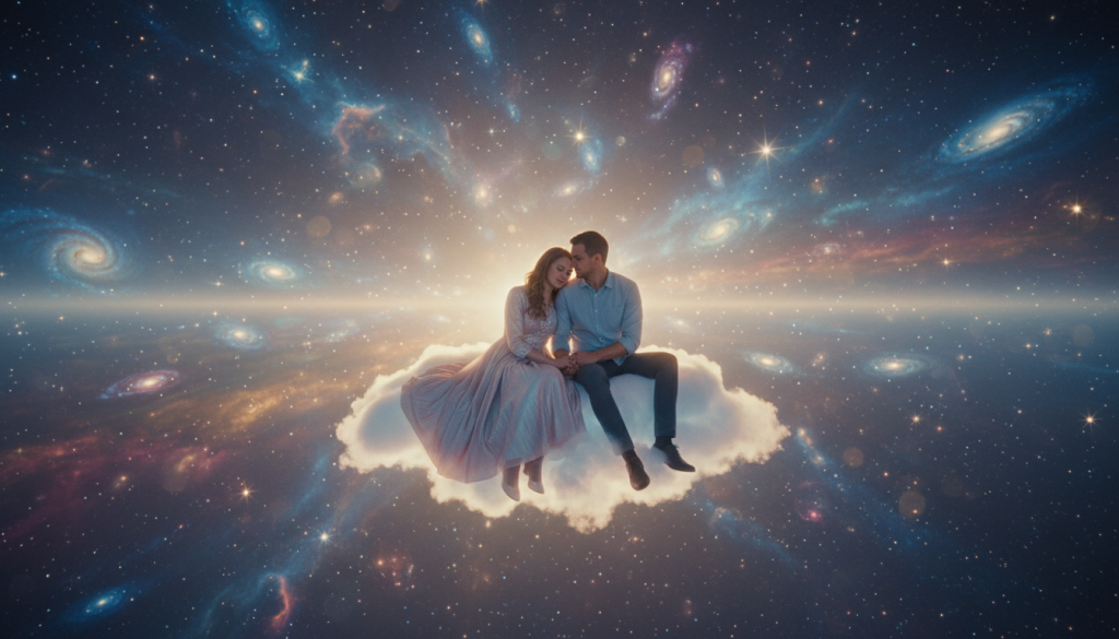 A romantic couple sitting together in a serene, starry space, radiating warmth and connection. In the foreground, the couple is nestled on a soft, glowing cloud, with the woman in a flowing, modest dress and the man in a casual shirt and trousers. Their hands gently touch, symbolizing love and harmony. The middle ground features twinkling stars and ethereal galaxies, giving a sense of vastness and tranquility. The background showcases a beautiful cosmic landscape with vibrant nebulae, providing a dreamy atmosphere. Soft, ambient lighting bathes the scene, creating a peaceful and intimate mood, captured with a wide-angle lens to emphasize the connection between the couple and the universe around them.