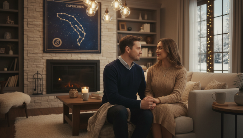 A romantic scene depicting a Capricorn couple in a cozy, intimate setting, embodying the essence of love and devotion. In the foreground, a couple sits closely on a plush sofa, sharing heartfelt conversations, dressed in smart casual clothing. The middle ground shows a beautifully decorated room with soft, warm lighting casting a golden glow, featuring astrological decor, such as a constellation map of Capricorn on the wall. In the background, there are hints of twinkling fairy lights, enhancing the romantic atmosphere. The scene captures a sense of deep connection, warmth, and commitment, with a dreamy, serene ambiance that reflects the reliable and nurturing traits of Capricorn love. A romantic scene depicting a Capricorn couple in a cozy, intimate setting, embodying the essence of love and devotion. In the foreground, a couple sits closely on a plush sofa, sharing heartfelt conversations, dressed in smart casual clothing. The middle ground shows a beautifully decorated room with soft, warm lighting casting a golden glow, featuring astrological decor, such as a constellation map of Capricorn on the wall. In the background, there are hints of twinkling fairy lights, enhancing the romantic atmosphere. The scene captures a sense of deep connection, warmth, and commitment, with a dreamy, serene ambiance that reflects the reliable and nurturing traits of Capricorn love.