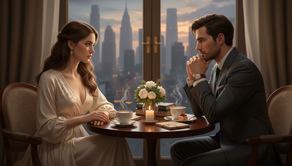 A romantic scene depicting a Libra and Capricorn couple in an elegant cafe, surrounded by soft, warm lighting. In the foreground, a well-dressed Libra individual, adorned in flowing attire with soft tones, is gazing thoughtfully into a candlelit dining setting, while the Capricorn partner, dressed in a tailored suit with earthy colors, looks contemplative yet focused on a shared conversation. The middle ground features a beautifully decorated table with subtle astrological symbols and a small bouquet of flowers, symbolizing the balance and ambition inherent in their personalities. The background hints at a city skyline silhouette through large windows, creating an atmosphere of ambition and dreams. The overall mood is a blend of intimacy and tension, reflecting their romantic allure and underlying complexities.