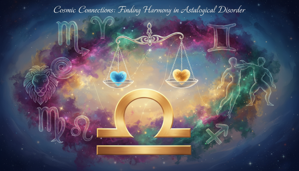 A serene, abstract representation of astrological compatibility featuring the Libra symbol in the foreground, surrounded by various zodiac signs in a slightly chaotic arrangement. In the middle ground, delicate scales balance emotional connections, depicting the essence of Libra's desire for harmony. The background features a soft, ethereal glow with hints of blue and gold, suggesting balance and harmony amidst disorder. A warm light source highlights the Libra symbol, creating a focal point while gently illuminating the surrounding signs. The atmosphere is contemplative and introspective, capturing the essence of relationships that may feel disordered without clear agreements. The overall composition should evoke a sense of thoughtful reflection on the complexities of astrological compatibility, ideal for an insightful article.