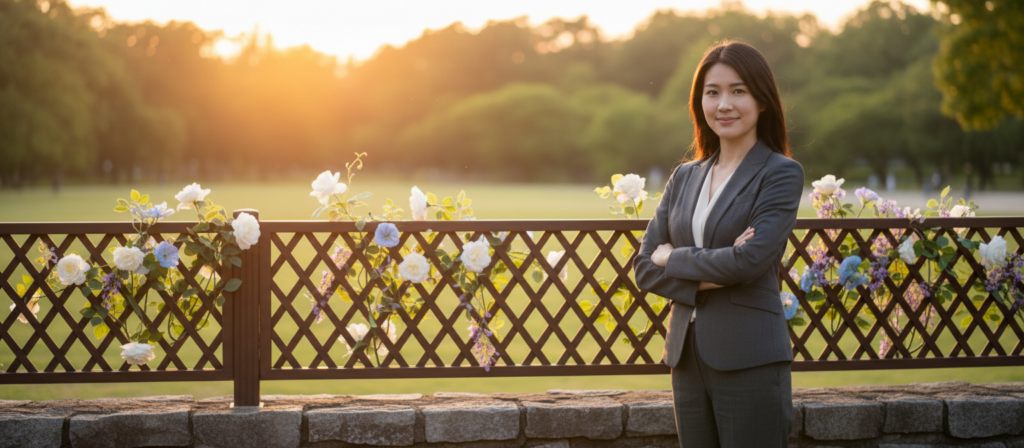 A serene and balanced composition depicting the theme of "boundaries" in personal relationships. In the foreground, a confident person in professional attire stands firmly, arms crossed with a calm smile, symbolizing strength and self-assurance. The middle ground showcases a gentle yet imposing fence or wall, representing personal limits, adorned with blooming flowers to signify personal growth and independence. In the background, a soft-focus landscape of a peaceful park under warm sunset lighting casts a golden hue, enhancing the mood of tranquility and empowerment. The lens should capture the scene from a mid-angle, creating a sense of depth while focusing on the individual. This image should evoke feelings of clarity, resilience, and the importance of maintaining one's essence in relationships. A serene and balanced composition depicting the theme of "boundaries" in personal relationships. In the foreground, a confident person in professional attire stands firmly, arms crossed with a calm smile, symbolizing strength and self-assurance. The middle ground showcases a gentle yet imposing fence or wall, representing personal limits, adorned with blooming flowers to signify personal growth and independence. In the background, a soft-focus landscape of a peaceful park under warm sunset lighting casts a golden hue, enhancing the mood of tranquility and empowerment. The lens should capture the scene from a mid-angle, creating a sense of depth while focusing on the individual. This image should evoke feelings of clarity, resilience, and the importance of maintaining one's essence in relationships.