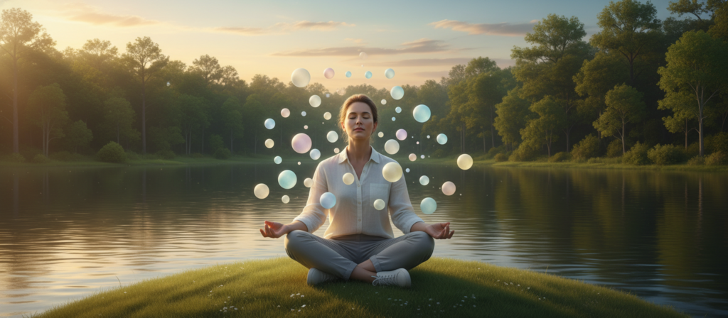 A serene and balanced scene representing "equilibrio mente emociones." In the foreground, a calm figure in smart casual attire sits cross-legged on a soft, grassy hill, eyes closed in meditation, surrounded by pastel-colored orbs symbolizing thoughts and emotions. In the middle ground, gentle waves of shimmering water reflect a peaceful sky at sunset, with warm oranges and calming blues blending together. In the background, lush green trees stand tall, creating a sense of grounding and stability. The scene is bathed in soft, golden lighting that enhances tranquility, captured from a slightly elevated angle to emphasize the harmony between the figure and nature. The overall mood is reflective and peaceful, showcasing balance and emotional wellness.