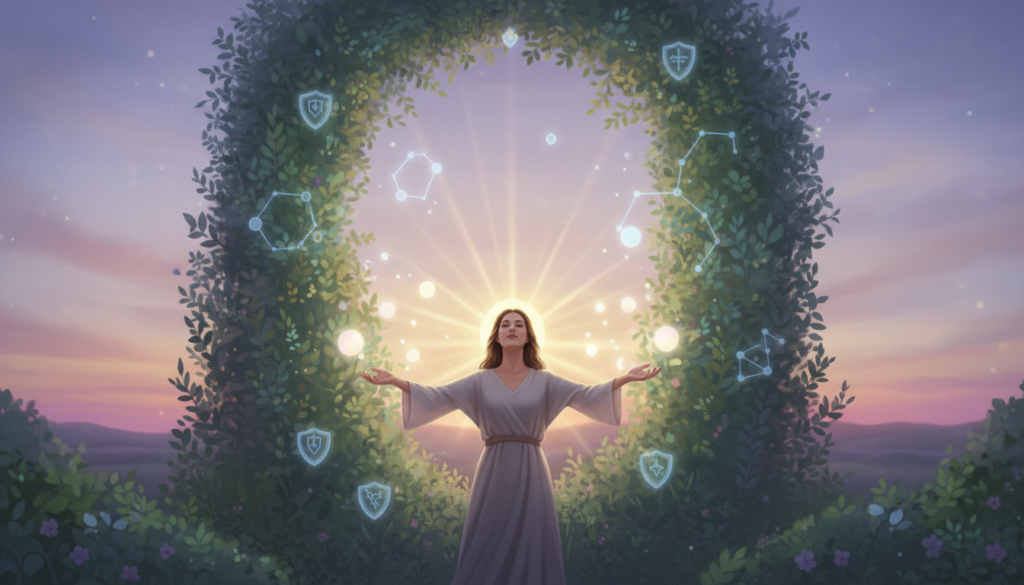 A serene and compassionate scene depicting the essence of Barakiel, the angel of divine compassion, in a mystical environment. In the foreground, a gentle figure dressed in flowing, modest robes, with a warm and inviting expression, stands with outstretched hands, surrounded by soft, glowing orbs of light. The middle layer features lush greenery and elegant, ethereal symbols representing protection, such as shields and stars, gently illuminated in pastel colors like soft blues and purples. The background consists of a tranquil sunset sky, filled with warm golden hues fading into soothing purples, creating a harmonious atmosphere. The lighting is soft and diffuse, capturing a sense of peace and sacredness, inviting viewers to feel a connection to spiritual guidance and compassion.