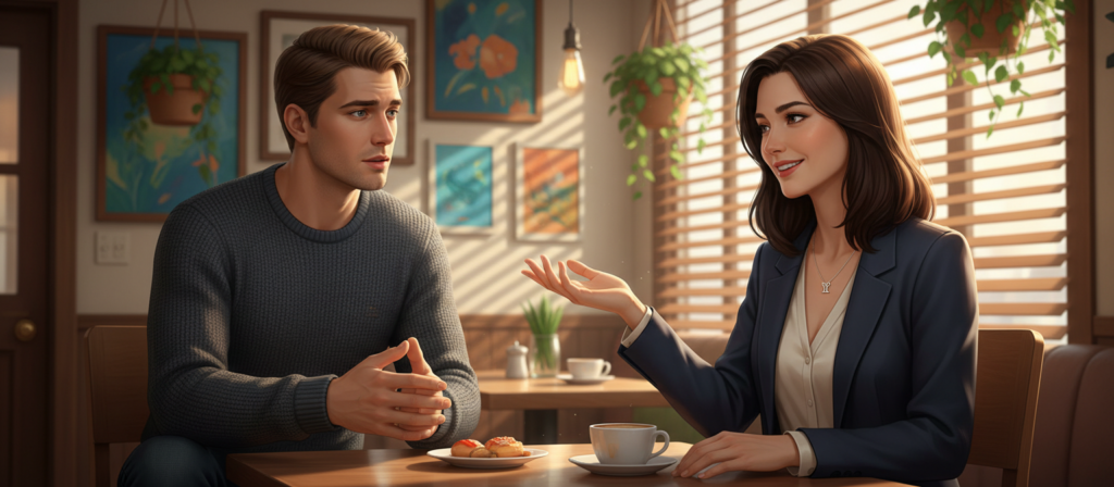 A serene and contemplative scene depicting a person engaged in conversation, embodying trust and openness to manage jealousy. In the foreground, a woman in professional attire, with a calm expression, gestures gently as she listens, her body language conveying understanding. In the middle ground, a man in smart-casual clothing, his face thoughtful, showing vulnerability as he expresses his feelings. The background features a cozy café ambiance, with soft lighting filtering through window blinds, creating an intimate and friendly atmosphere. A few plants and colorful artwork decorate the walls, enhancing the setting. The overall mood is supportive and harmonious, emphasizing the importance of communication in relationships, especially for someone influenced by Gemini traits.