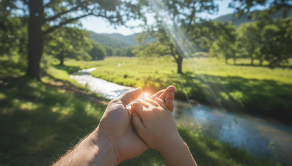 A serene and contemplative scene depicting "confianza" (trust) as a foundational element in healing karmic relationships. In the foreground, a pair of hands gently clasped together, symbolizing unity and support, with a soft glow highlighting their connection. The middle ground features a tranquil setting with a gentle river meandering through lush greenery, representing the flow of trust and communication. Wisps of ethereal light filter through the trees, casting dappled shadows, creating a warm and inviting atmosphere. In the background, distant mountains rise softly against a clear blue sky, conveying stability and grounding. The overall mood is peaceful and reflective, evoking a sense of hope and healing. Soft, natural lighting enhances the tranquility of the scene.