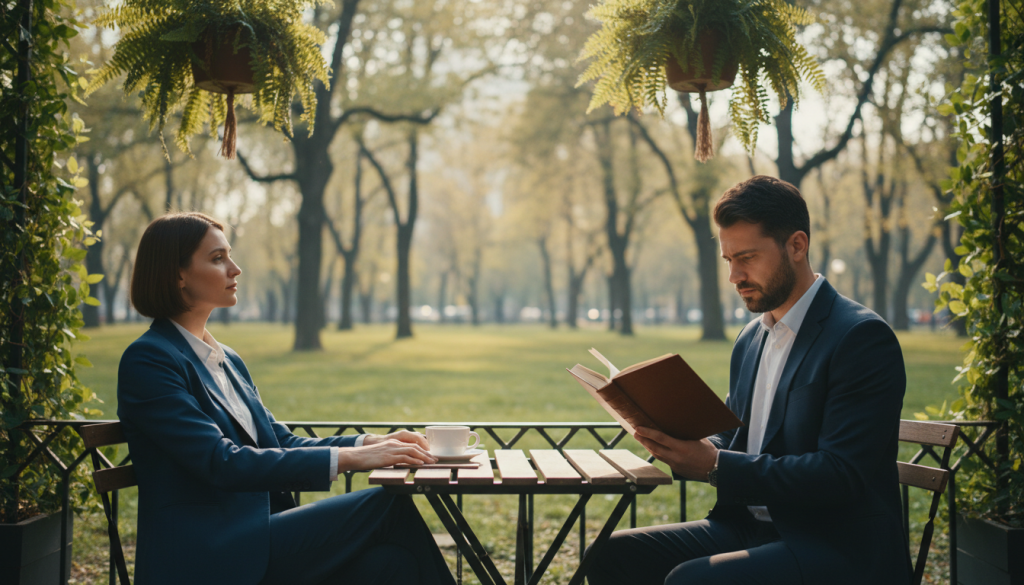 A serene and contemplative scene depicting the contrast between freedom and depth, symbolizing the relationship dynamics between Scorpio and air signs. In the foreground, a thoughtful couple is seated at a café table, both dressed in professional business attire. The woman gazes thoughtfully into the distance, with an air of freedom, while the man, deeply engrossed in a book, represents depth and introspection. In the middle, soft sunlight filters through lush greenery, creating a harmonious atmosphere. The background features a light-filled urban park with soaring trees and gentle breezes, emphasizing openness and connection. The mood is reflective yet uplifting, captured with soft focus and warm lighting, evoking a sense of balance between airiness and emotional depth.