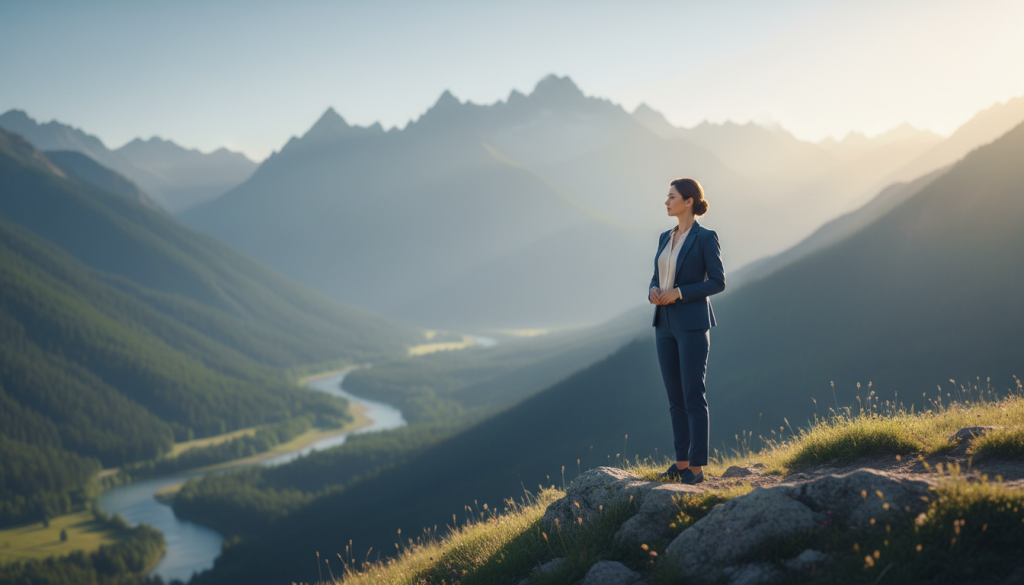 A serene and contemplative scene depicting the harmony found in avoiding drama. In the foreground, a calm figure in professional attire stands peacefully on a sunlit mountain peak, gazing out over a tranquil landscape. The middle ground showcases a soft blend of lush greenery and a flowing river, symbolizing fluidity and peace. The background features majestic mountains under a clear blue sky, with gentle sunlight streaming through, creating a warm and uplifting atmosphere. The composition uses a soft focus lens to enhance the serenity of the scene. The overall mood is one of tranquility and wisdom, suggesting the potential for Capricorn to learn from these symbols of calm and composure, emphasizing balance and resilience in life.