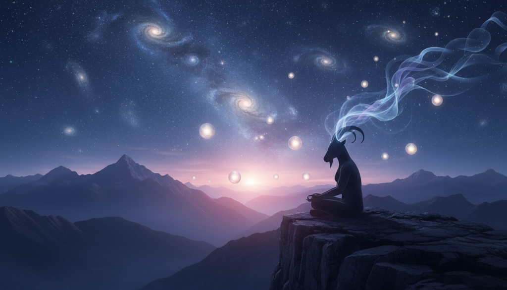A serene and contemplative scene featuring a silhouette of a Capricorn figure sitting cross-legged on a rocky cliff, overlooking a vast, starry night sky filled with swirling galaxies and cosmic designs. In the foreground, delicate wisps of ethereal light emanate from the Capricorn's head, symbolizing thoughts and ideas. The middle layer includes softly glowing orbs representing knowledge and wisdom floating in the air. The background showcases a breathtaking mountain range with a hint of dawn's light piercing through, gradually illuminating the serene landscape. The overall atmosphere is one of introspection and enlightenment, with cool shades of blue and violet dominating the color palette. Soft, ambient lighting enhances the mystical quality of the scene, inviting viewers to reflect on the power of mind, thought, and destiny. A serene and contemplative scene featuring a silhouette of a Capricorn figure sitting cross-legged on a rocky cliff, overlooking a vast, starry night sky filled with swirling galaxies and cosmic designs. In the foreground, delicate wisps of ethereal light emanate from the Capricorn's head, symbolizing thoughts and ideas. The middle layer includes softly glowing orbs representing knowledge and wisdom floating in the air. The background showcases a breathtaking mountain range with a hint of dawn's light piercing through, gradually illuminating the serene landscape. The overall atmosphere is one of introspection and enlightenment, with cool shades of blue and violet dominating the color palette. Soft, ambient lighting enhances the mystical quality of the scene, inviting viewers to reflect on the power of mind, thought, and destiny.