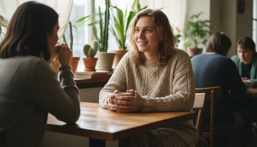 A serene and empathetic Pisces persona is portrayed in a cozy coffee shop setting. In the foreground, a young adult wearing casual yet stylish clothing sits at a wooden table, engaged in a heartfelt conversation with a friend, showcasing warmth and understanding in their expression. Their eyes convey deep empathy, reflecting the compassionate traits of a Pisces friend. In the middle ground, soft, ambient light from the window illuminates the scene, creating a welcoming atmosphere. Various plants and books surround them, indicating a love for nature and knowledge. In the background, blurred figures of other customers emphasize the peaceful vibe of the cafe. The overall mood is friendly and inviting, capturing the essence of what makes Pisces a valuable friend. The image is shot with a gentle focus, using natural lighting to enhance the emotional connection.