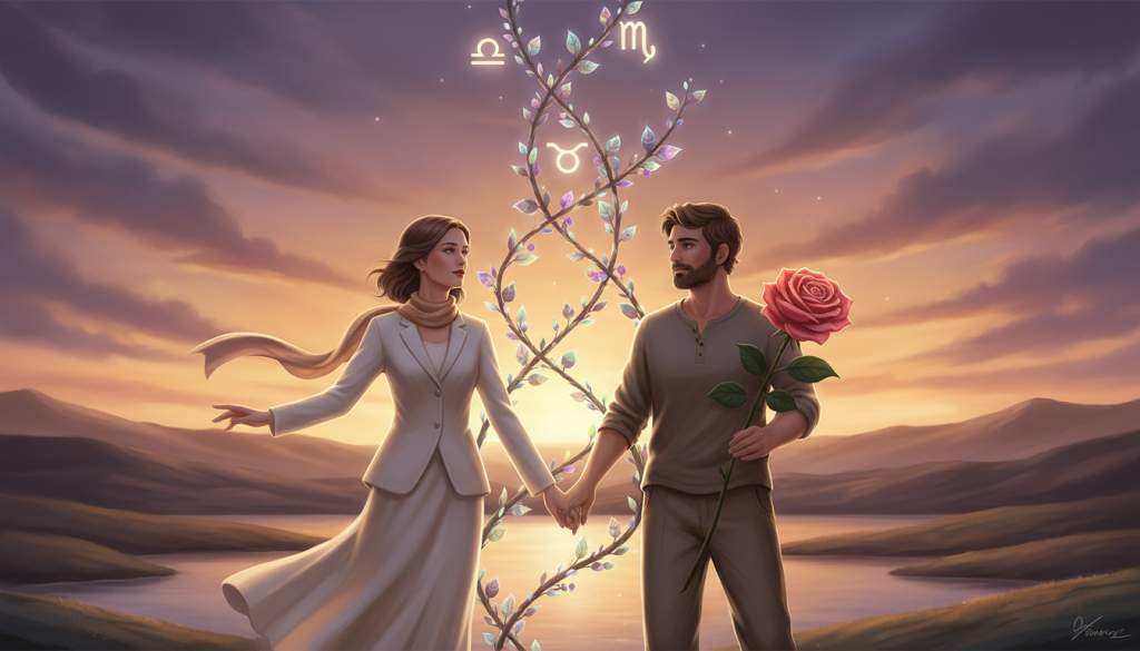 A serene and enchanting scene capturing the karmic relationship between Libra and Taurus. In the foreground, a graceful Libra figure, dressed in elegant, professional attire, stands with open arms, symbolizing balance and harmony. Beside them, a grounded Taurus figure, clad in modest casual clothing, holds a blooming flower, representing stability and growth. In the middle ground, intertwining vines and celestial motifs illustrate the connection between these two signs, with soft, ambient lighting enhancing the theme of destiny. The background features a tranquil landscape at sunset, with warm hues of orange and purple, evoking a sense of peace and introspection. The overall mood is harmonious and reflective, inviting viewers to contemplate the significance of balance in relationships.