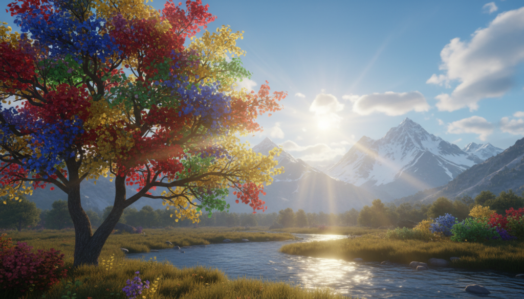 A serene and enchanting scene depicting the concept of inner growth and love, symbolized through a vibrant blooming tree with colorful flowers in the foreground, signifying transformation. The middle ground features a gentle stream reflecting soft sunlight, symbolizing emotional flow and spiritual connection. In the background, majestic mountains rise under a clear blue sky with fluffy white clouds, representing strength and stability. The atmosphere is warm and inviting with golden sunlight filtering through the leaves, creating a dreamlike ambiance. The composition is balanced, with a slight upward angle to evoke a sense of aspiration and hope. The colors are rich and harmonious, emphasizing feelings of peace and enlightenment.