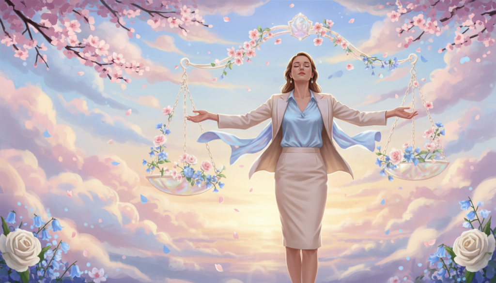 A serene and enchanting scene encapsulating the essence of "beauty and harmony." In the foreground, a graceful Libra figure, dressed in elegant business attire, stands with outstretched arms, symbolizing balance and connection. Her calm expression radiates peace and love, surrounded by softly swirling pastel colors representing air elements. In the middle ground, ethereal elements like floating, delicate scales and blooming flowers create a dynamic interplay, illustrating the harmony Libra seeks in relationships. The background features a tranquil sky at golden hour, casting warm, soft light throughout the scene, creating a dreamy atmosphere. The overall mood is one of serenity, connection, and beauty, evoking the essence of Libra in love.