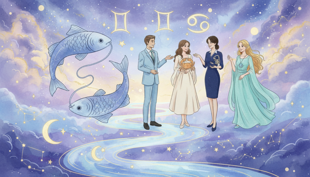 A serene and enchanting zodiac-themed scene featuring the digital representation of the Pisces symbol, elegantly intertwined with compatible zodiac signs: Gemini, Cancer, and Scorpio, symbolizing their emotional connection. In the foreground, adorned with swirling watercolor patterns blending in soft blues and purples, the Pisces fish gracefully swim around celestial motifs like stars and moons. In the middle ground, harmonious figures representing each compatible sign, dressed in elegant business attire, are positioned in a supportive and engaging manner, exchanging smiles and gestures of camaraderie. The background is a dreamy cosmic landscape with soft glows, starry depths, and celestial clouds that create a tranquil atmosphere. The lighting is ethereal, with gentle highlights illuminating the figures, enhancing the overall mood of harmony and love.